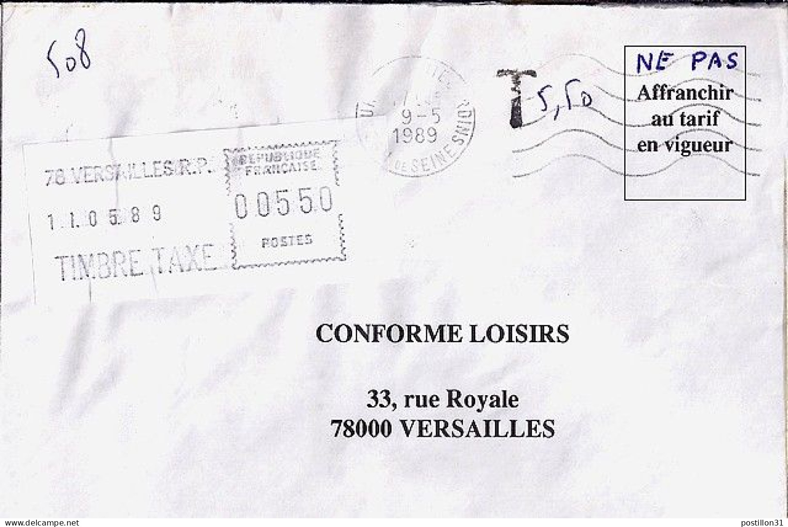 TAXE N° VIGNETTE 5,50FR S/L. A  VERSAILLES/11.5.89 - 1960-.... Storia Postale