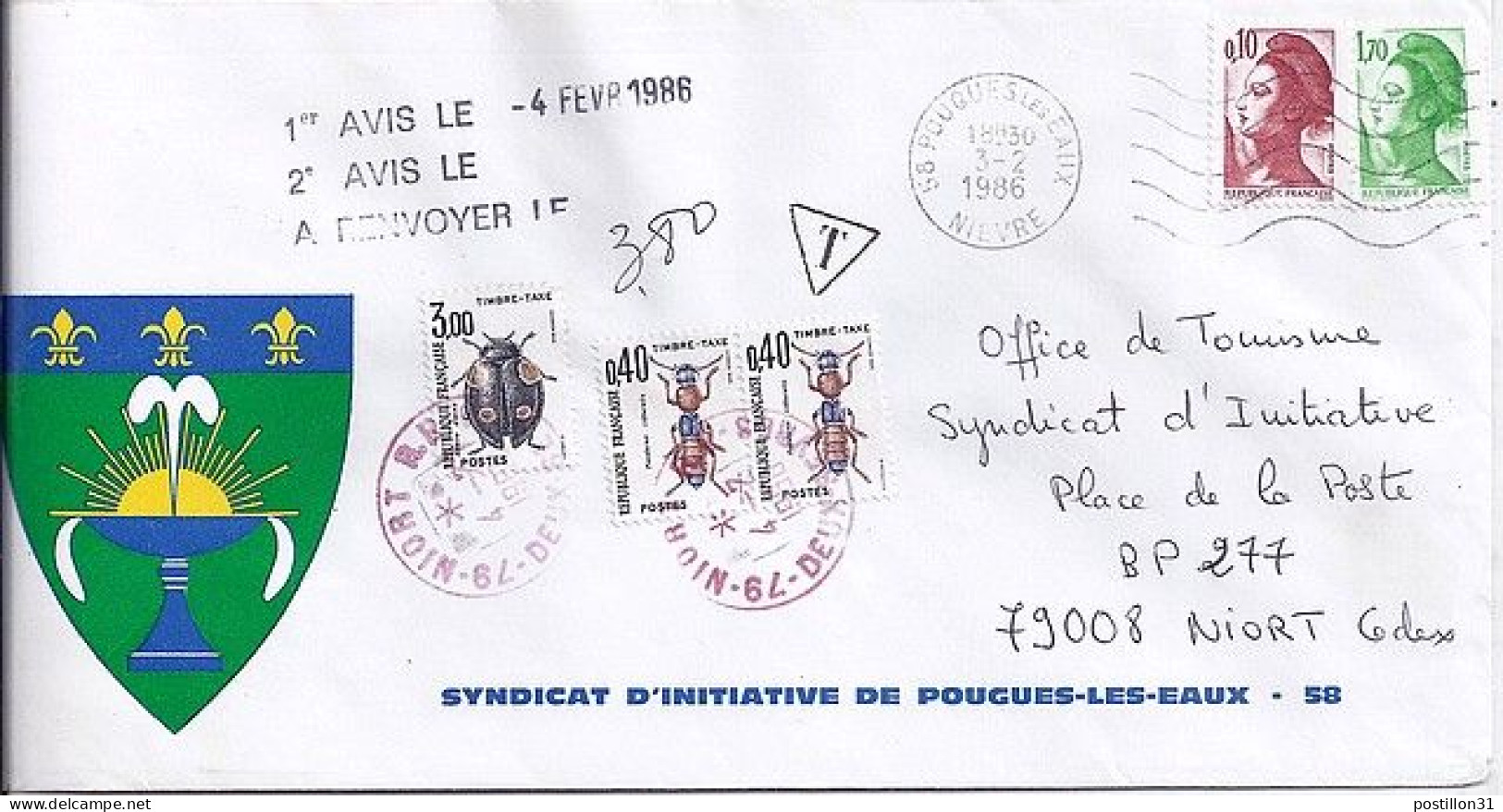 TAXE N° 111/110x2 S/L.DE POUGUES + TAXEE A NIORT/4.2.86 - 1960-.... Covers & Documents