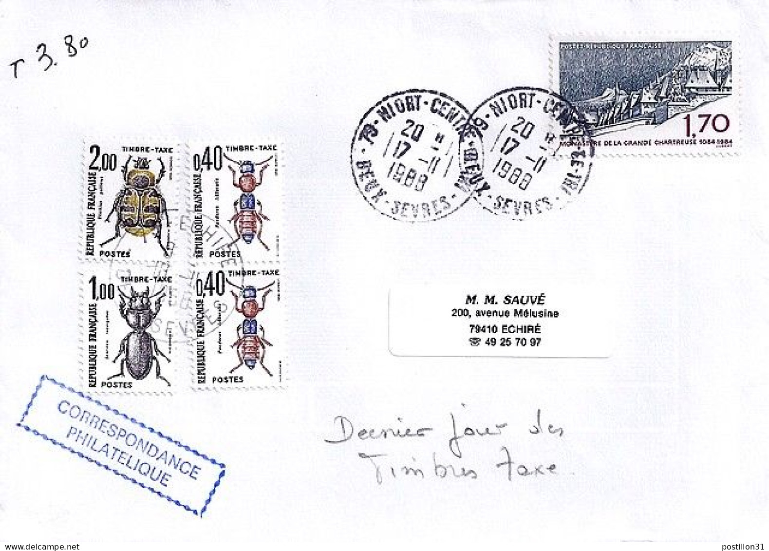 TAXE N° 107/106/110x2 S/L.DE NIORT + TAXEE A ECHIREY/18.11.88 DERNIER JOUR DES TT - 1960-.... Storia Postale