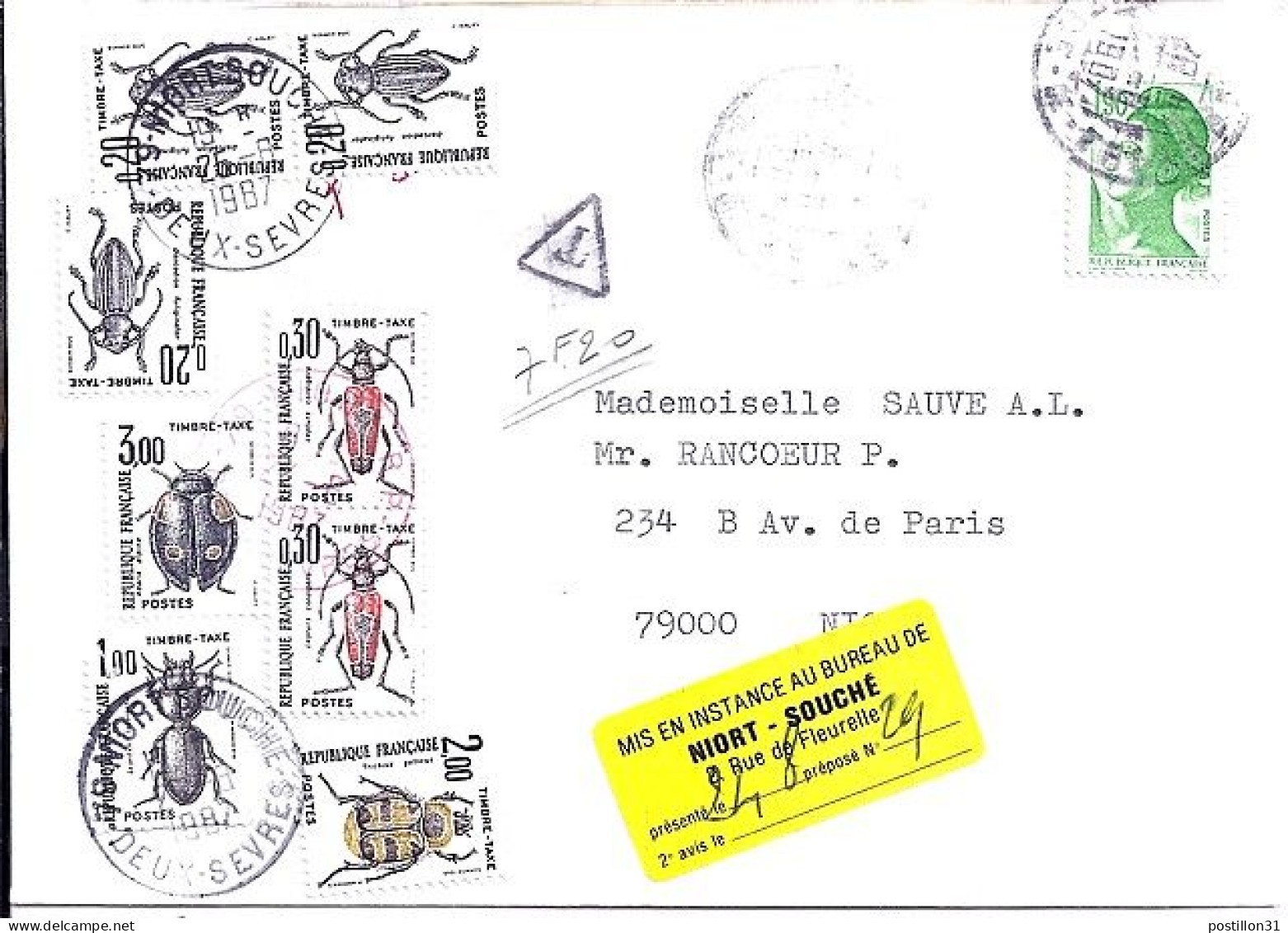 TAXE N° 111/107/106/109x2/104x4 S/L.DE NIORT + TAXEE A NIORT/25.8.87 - 1960-.... Lettres & Documents