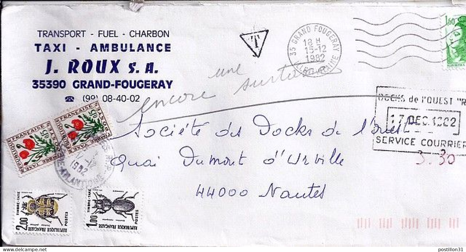 TAXE N° 106/107/97x2 S/L.DE GD FOUGERAY + TAXEE A  NANTES/17.12.82 - 1960-.... Cartas & Documentos