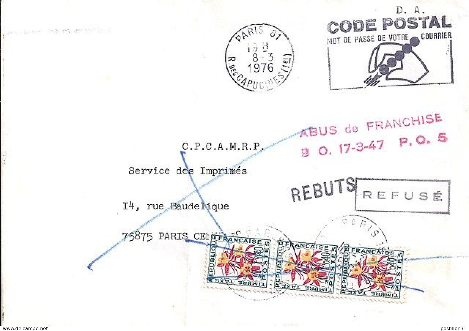 TAXE N° 100x3 S/L. DE PARIS+TAXEE A PARIS/10.3.76 / ABUS DE FRANCHISE - 1960-.... Cartas & Documentos