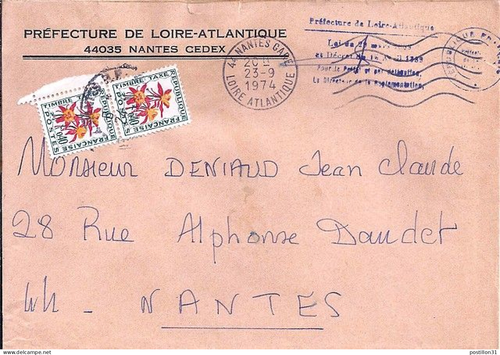 TAXE N° 100x2 S/L. DE NANTES + TAXEE A NANTES/24.9.74 - 1960-.... Covers & Documents