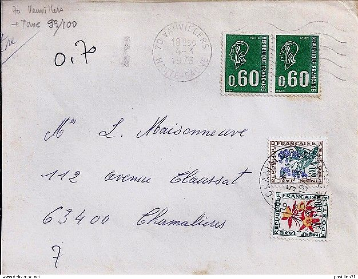 TAXE N° 99/100 S/L. DE VAUVILLERS + TAXEE A CHAMALIERES/5.3.76 - 1960-.... Storia Postale