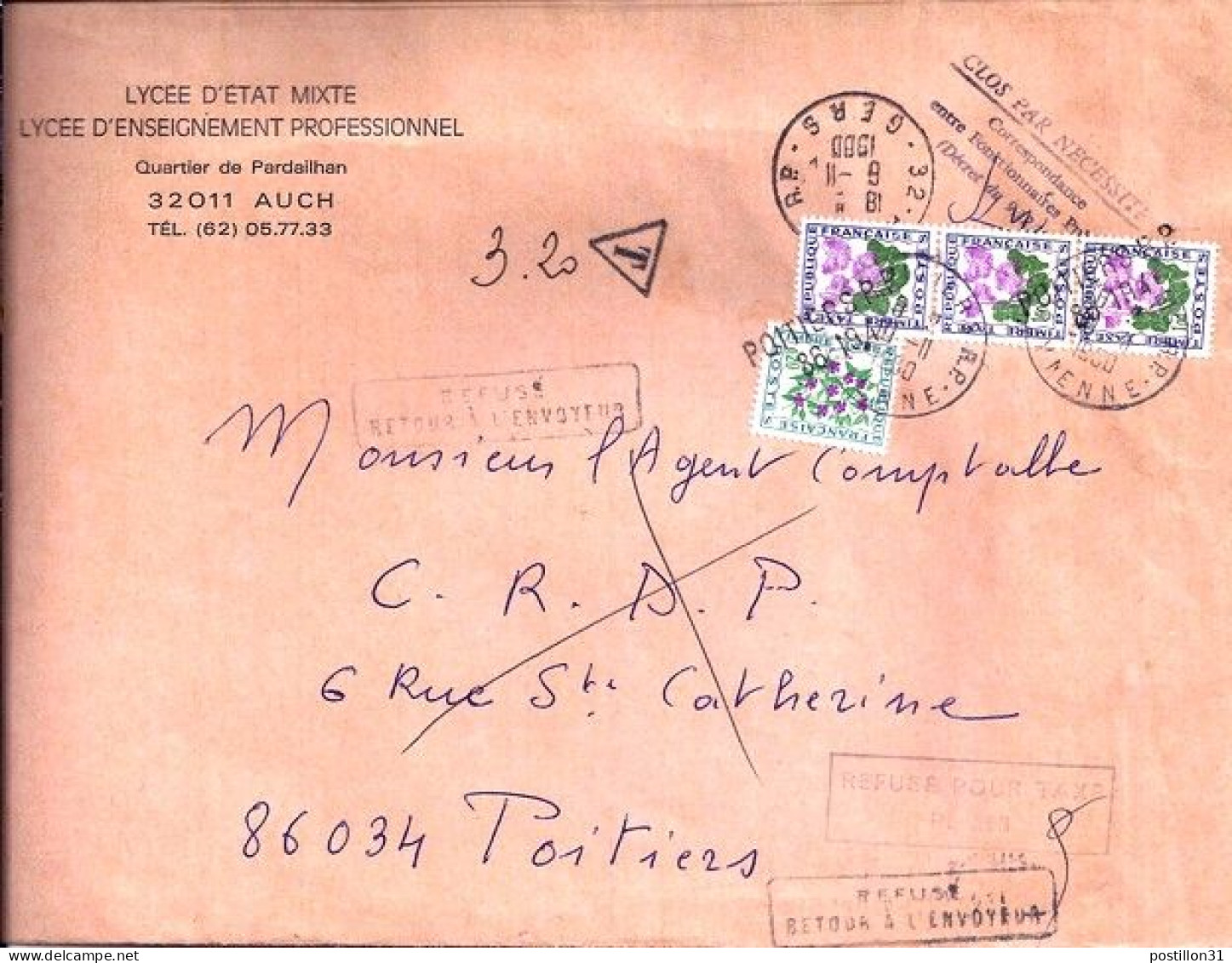 TAXE N° 98/102x3 S/L. DE AUCH + TAXEE A POITIERS/11.10.80 - 1960-.... Storia Postale