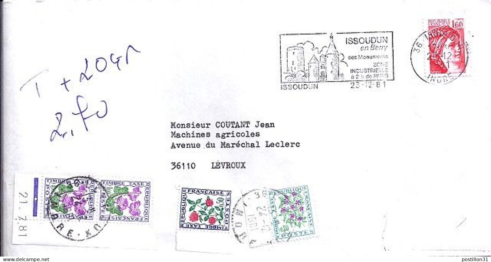 TAXE N° 98/101/102x2 S/L. DE ISSOUDUN + TAXEE A LEVROUX/24.12.81 - 1960-.... Lettres & Documents