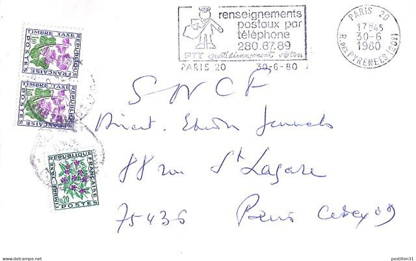 TAXE N° 98/102x2 S/L. DE PARIS + TAXEE A PARIS/2.7.80 - 1960-.... Storia Postale