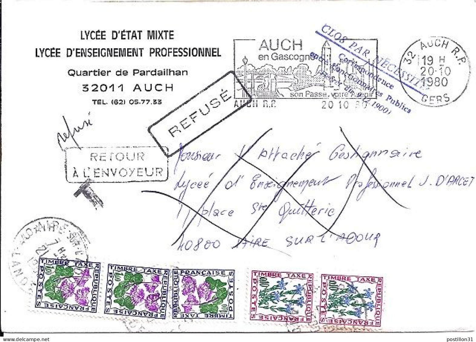 TAXE N° 96x2/102x3 S/L. DE AUCH + TAXEE A AIRE SUR ADOUR/21.10.80 - 1960-.... Lettres & Documents