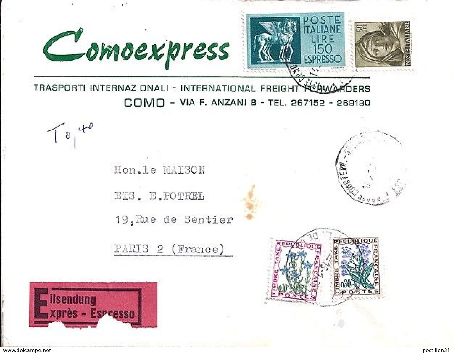 TAXE N° 96/99 S/L.EXPRES D’ITALIE + TAXEE A PARIS/15.1.68 - 1960-.... Cartas & Documentos
