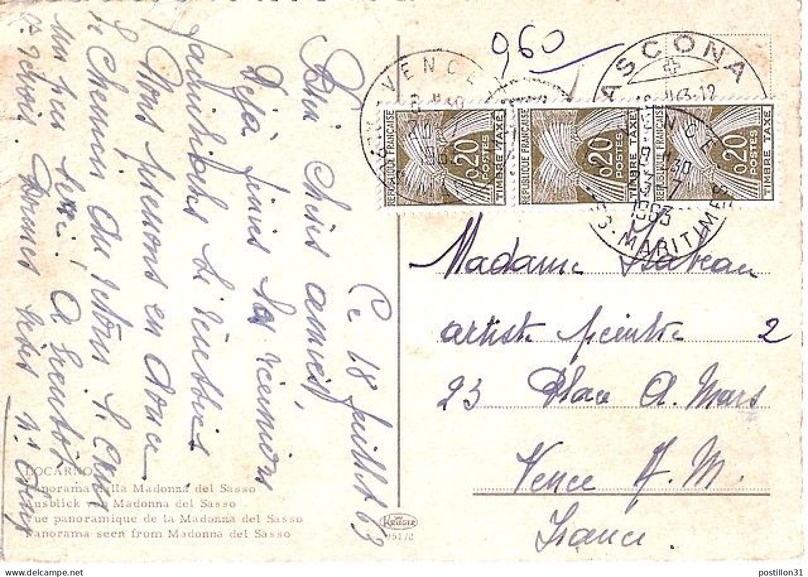 TAXE N° 92x3 S/CP. D’ITALIE + TAXEE A VENCE/23.7.63 - 1960-.... Storia Postale