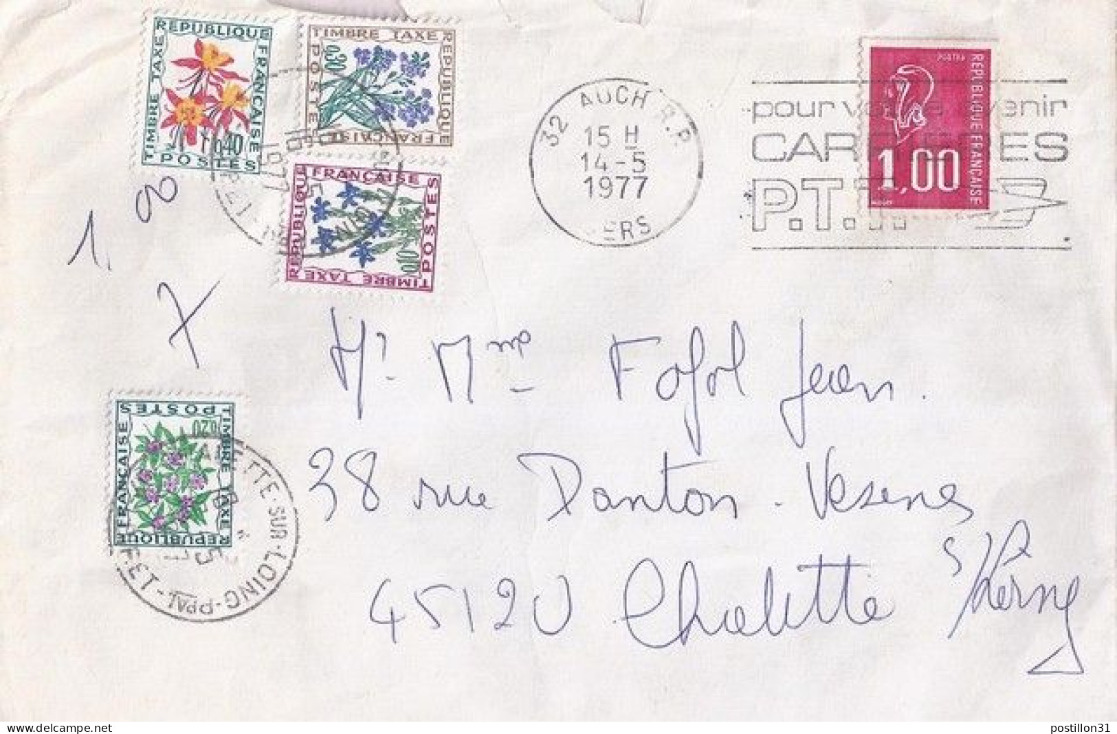 TAXE N° 96/98/99/100 S/L. DE AUCH + TAXEE A CHALETTE/16.5.77 - 1960-.... Lettres & Documents