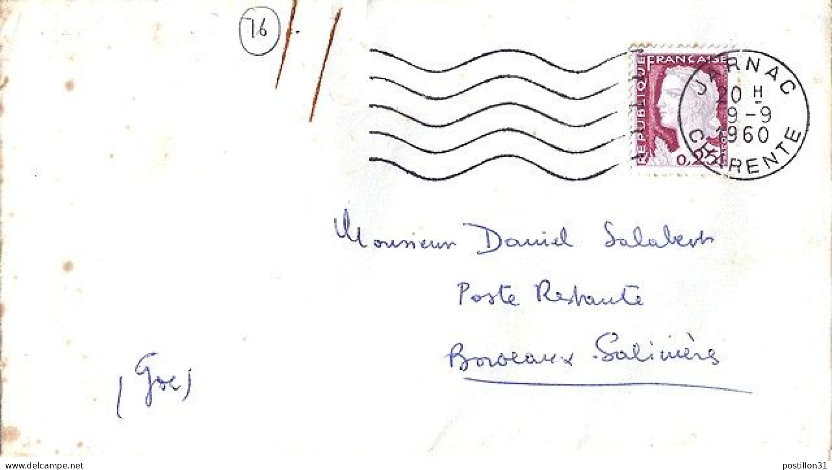 TAXE N° 92 S/L. DE JARNAC+TAXE DE POSTE RESTANTE/10.9.60 - 1960-.... Lettres & Documents