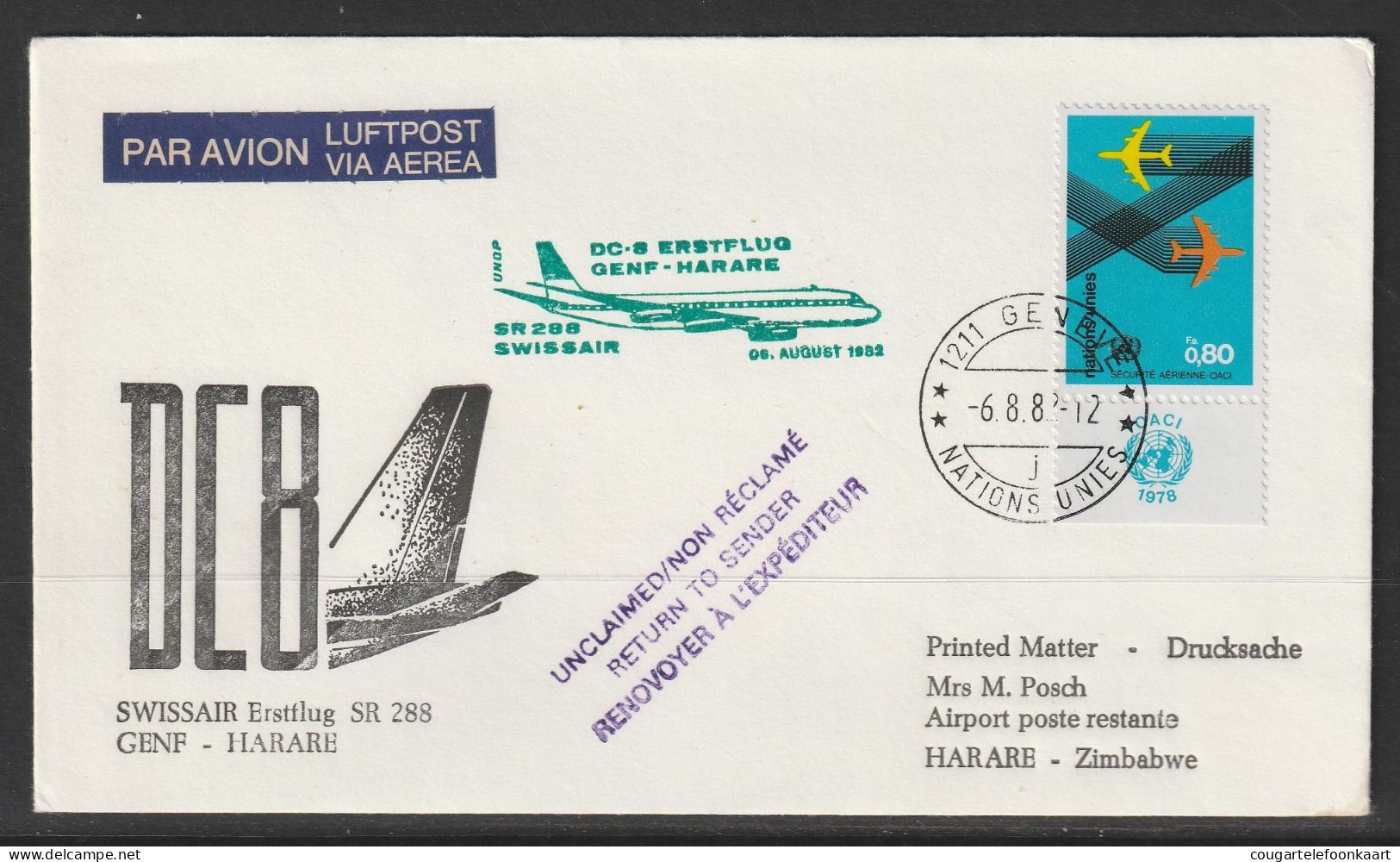 1982, Swissair, Erstflug, Genf UN - Harare Zimbabwe - Erst- U. Sonderflugbriefe