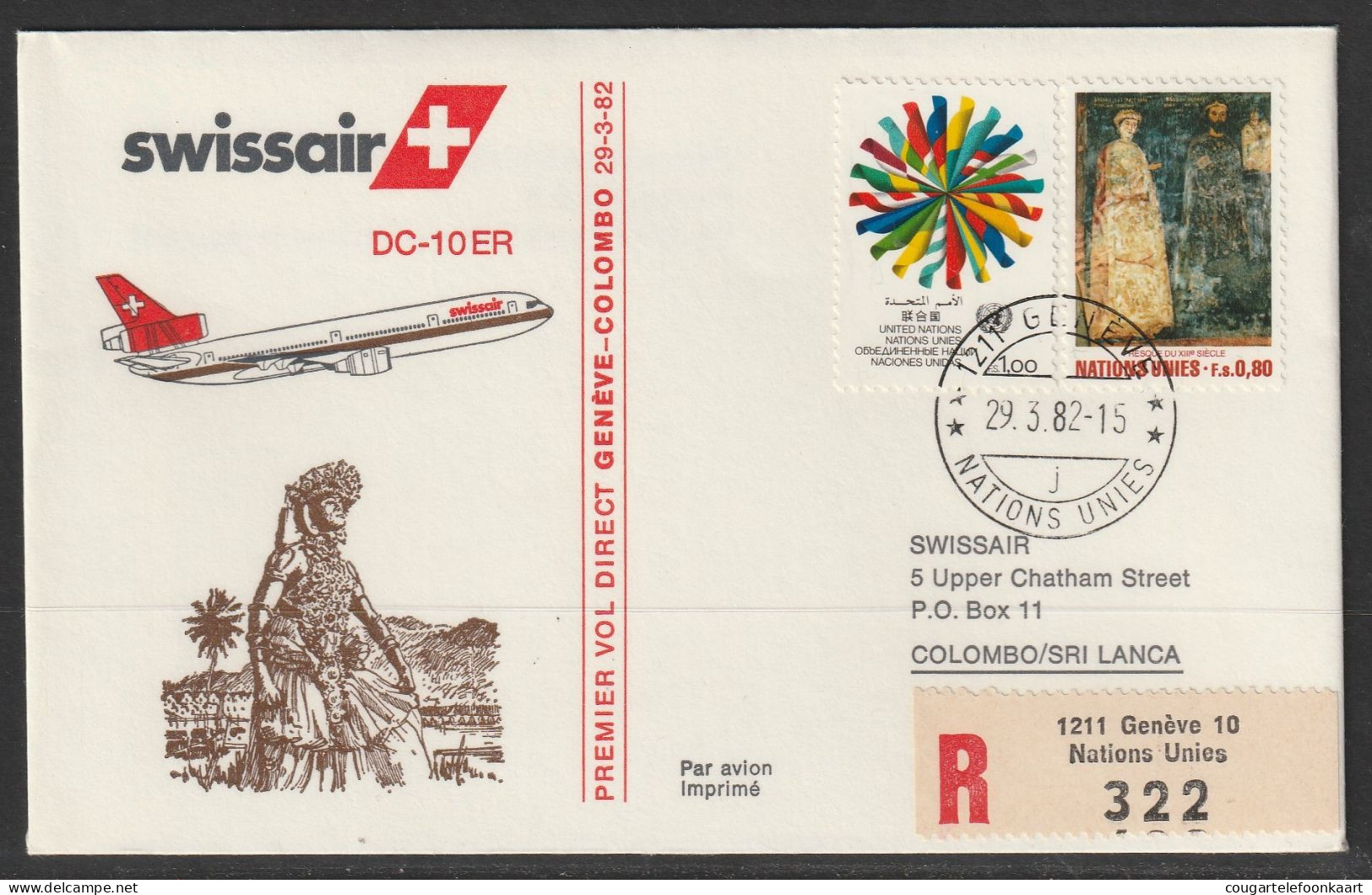 1982, Swissair, Erstflug, Genf UN - Colombo Sri Lanka - First Flight Covers