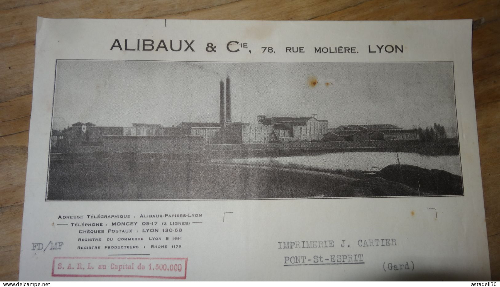 Facture ALIBAUX & Cie, Lyon - 1947 .......... CL9-53 - Printing & Stationeries