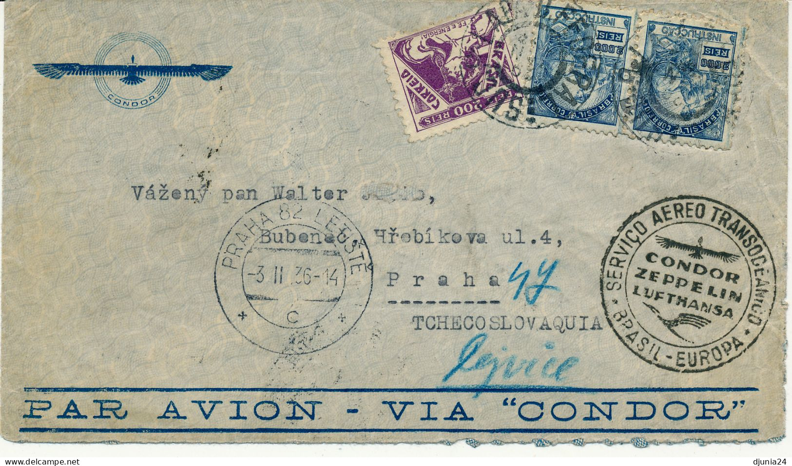 BF0653 / BRASILIEN  -  29 JAN 1936 ,  Mit CONDOR ZEPPELIN  Nach PRAG - Posta Aerea