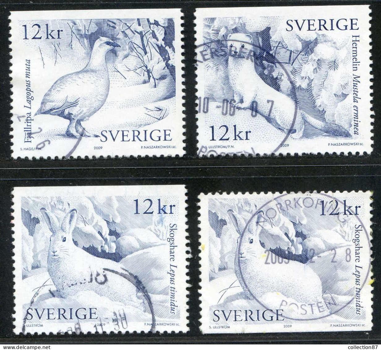 Réf 77 < SUEDE < Yvert N° 2712 à 2714 + 2714 Ø < Année 2009 Used SWEDEN < Animaux > Hermine Lièvre Lagopède - Usados