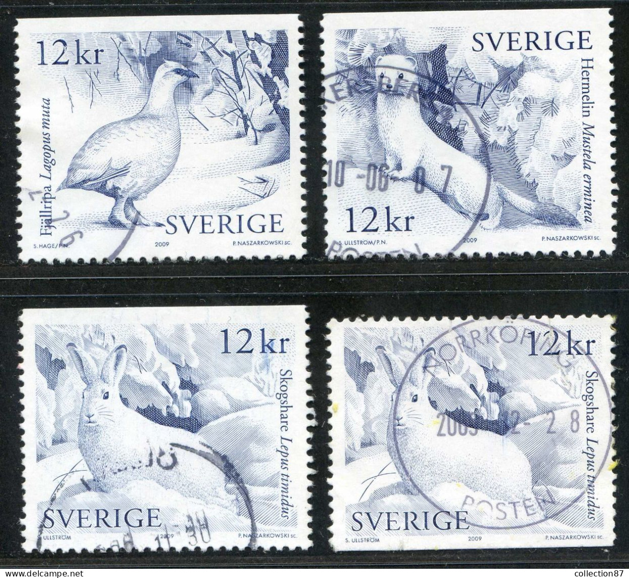 Réf 77 < SUEDE < Yvert N° 2712 à 2714 + 2714 Ø < Année 2009 Used SWEDEN < Animaux > Hermine Lièvre Lagopède - Oblitérés