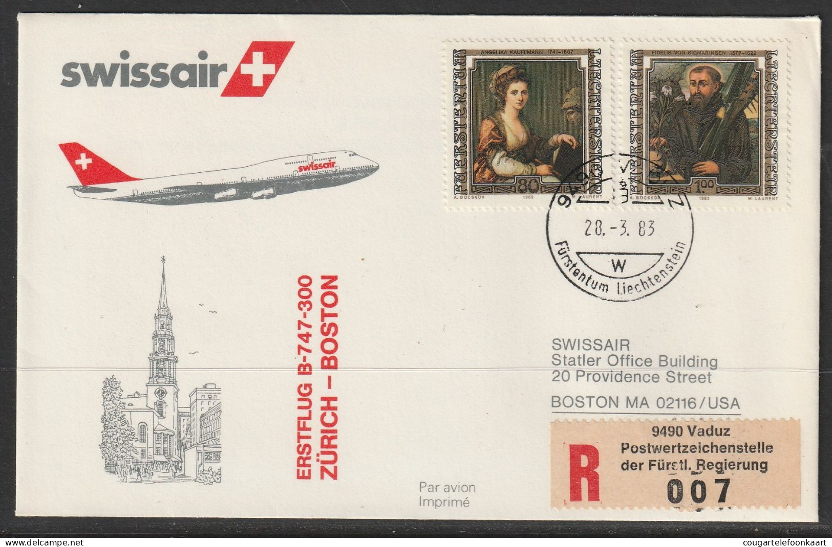 1983, Swissair, Erstflug, Liechtenstein - Boston USA - Posta Aerea