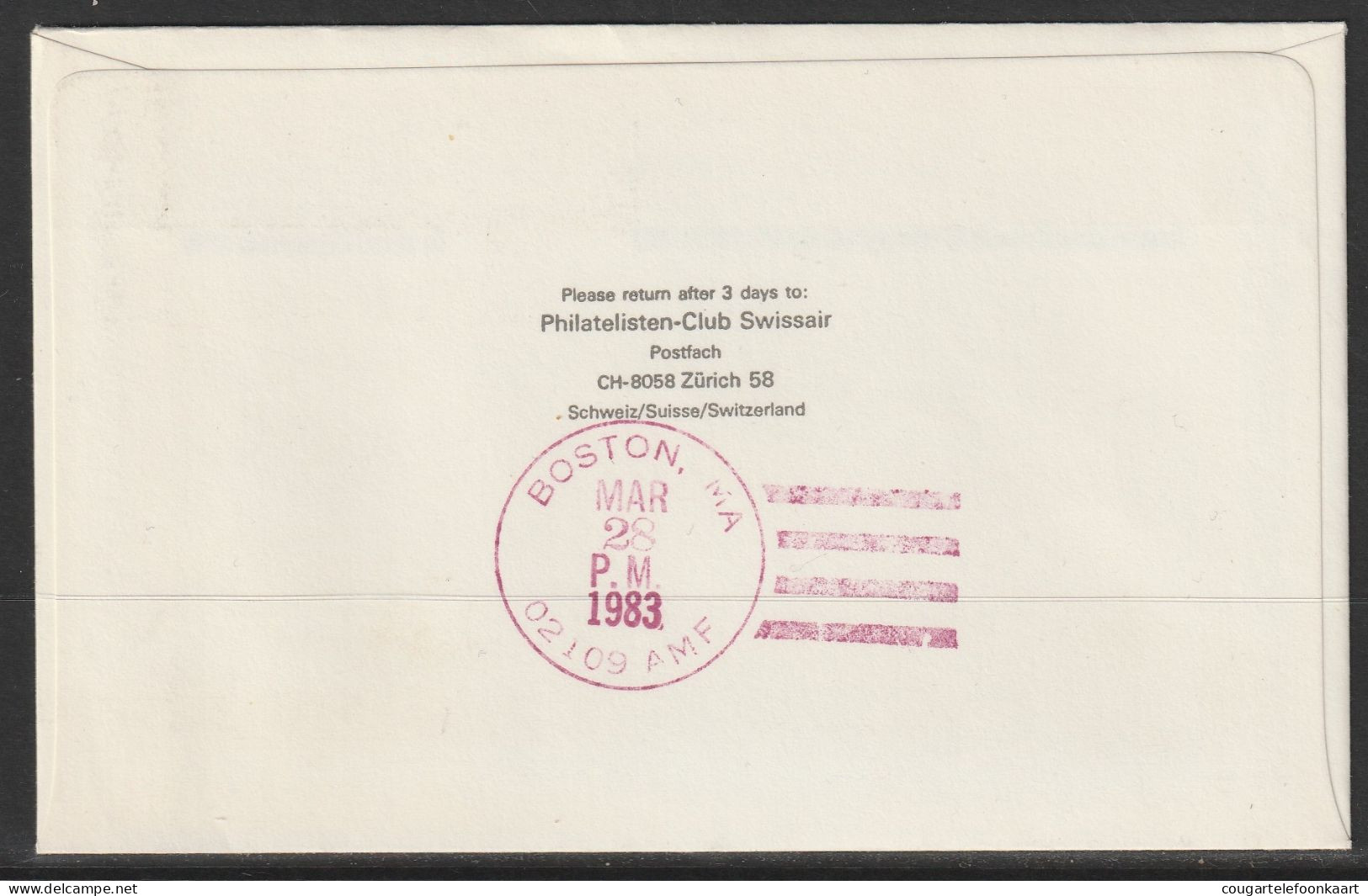 1983, Swissair, Erstflug, Liechtenstein - Boston USA - Poste Aérienne