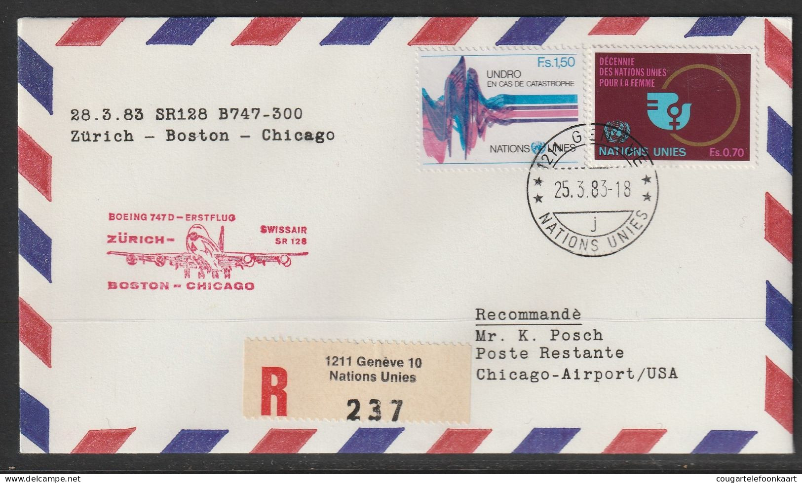 1983, Swissair, Erstflug, Genf UN - Chicago AMF - Erst- U. Sonderflugbriefe