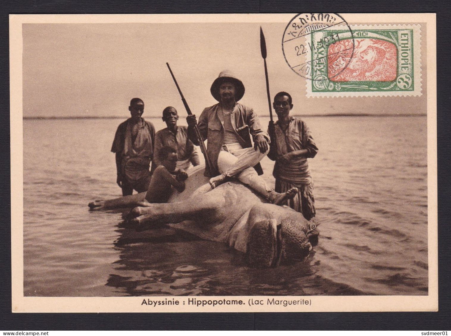 Ethiopia: Picture Postcard, 1931, 1 Stamp, Lion, Not Really Used, Card: Hippo Hunting, Colonialism, Hunt (traces Of Use) - Äthiopien