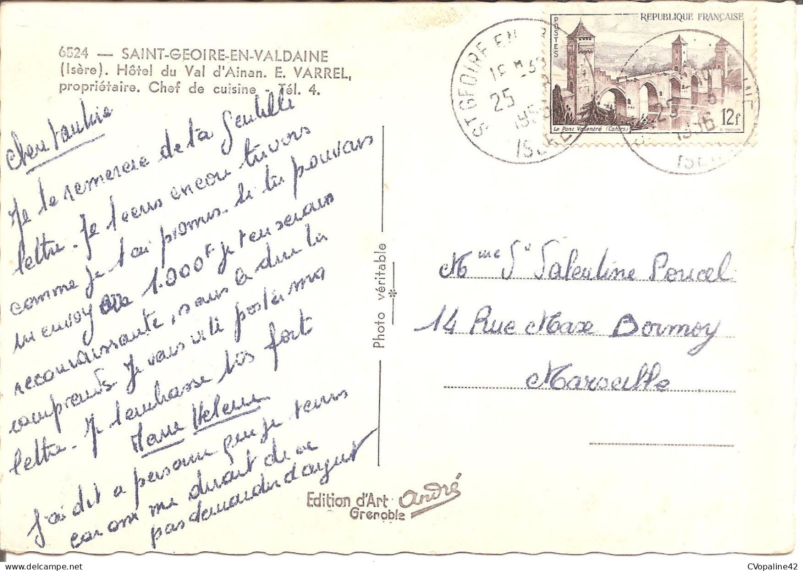 SAINT-GEOIRE-EN-VALDAINE (38) Hôtel Du Val D'Ainan - E. VARREL , Propriétaire , Chef De Cuisine En 1956  CPSM GF - Saint-Geoire-en-Valdaine