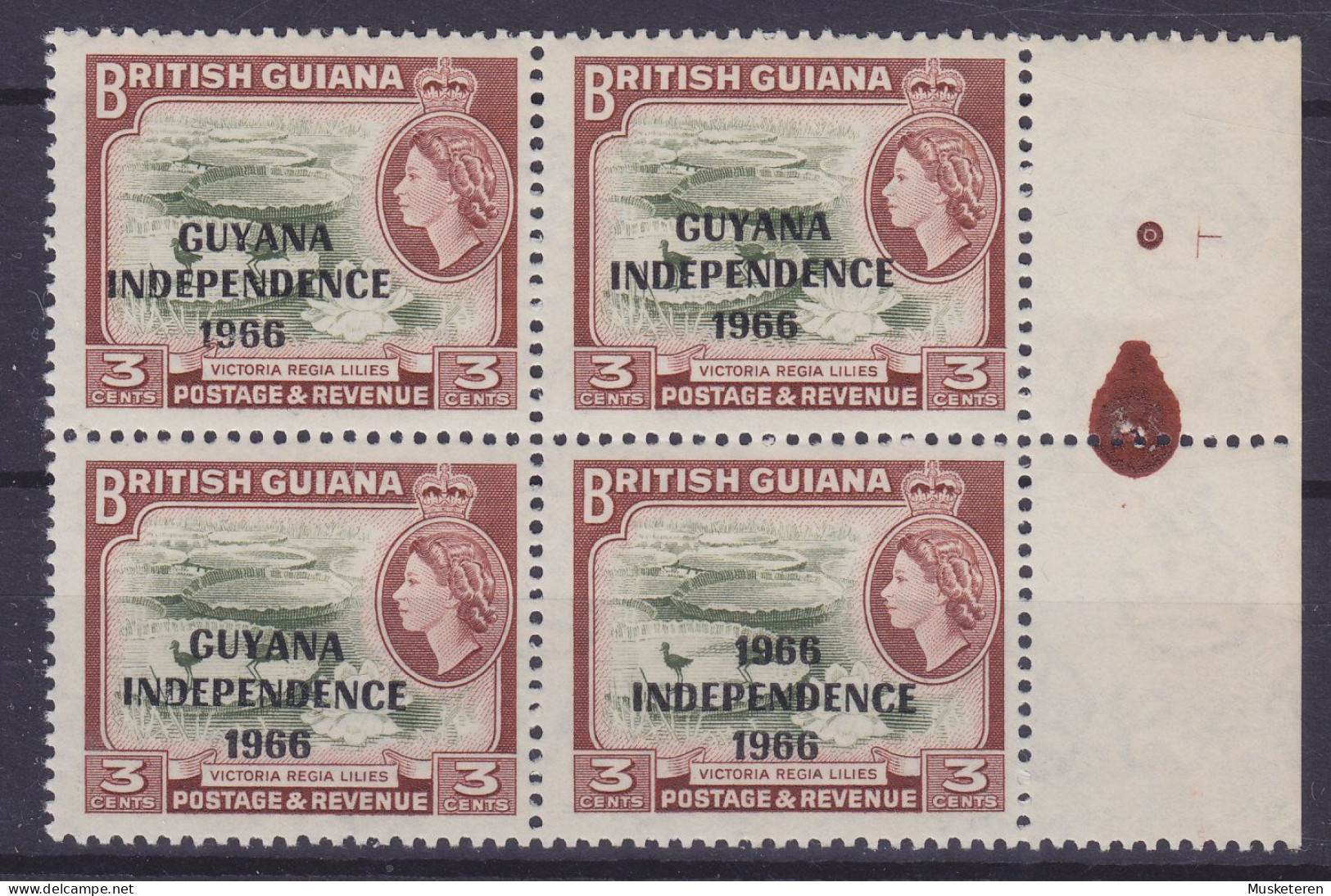 British Guiana 1967 SG. 422a, Mi. 248Xa, QE II. & Victoria Regia Water-Lilies Overprinted 4-Block ERROR Variety, MNH** - British Guiana (...-1966)