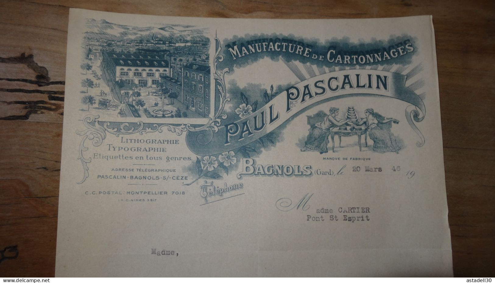 Facture Manufacture Cartonnages, Pascalin , BAGNOLS S CEZE - 1946 .......... CL9-55 - Imprenta & Papelería