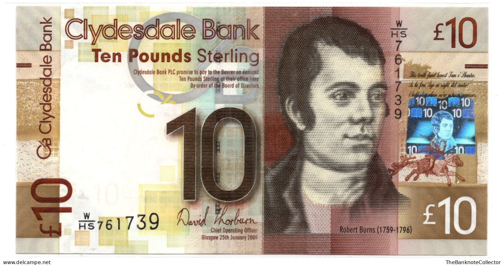 Scotland Clydesdale Bank 10  Pounds Robert Burns P-365 UNC - 10 Ponden