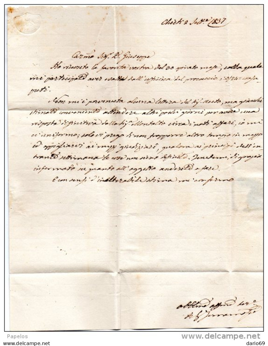 1837 LETTERA CON ANNULLO CHIETI + MONOGRAMMA NAPOLI - 1. ...-1850 Prefilatelia