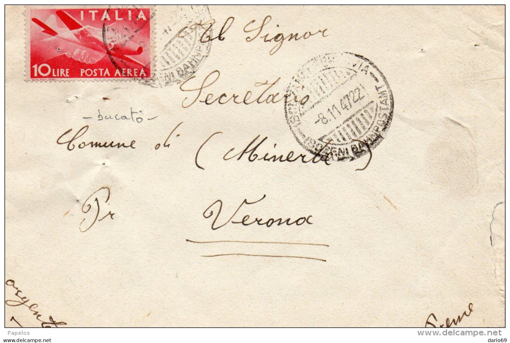 1947 LETTERA CON ANNULLO BOLZANO - FRANCOBOLLO BUCATO - Poste Aérienne