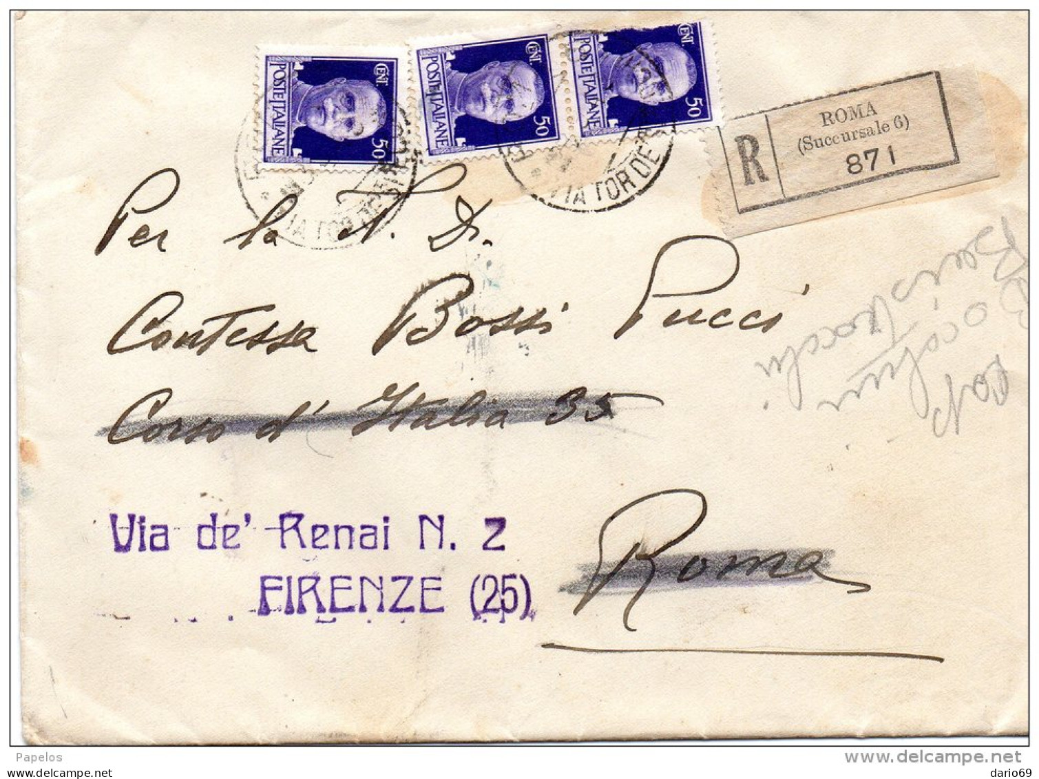 1945 LETTERA INTESTATA PRINCIPE VALERIO PIGNATELLI  RACCOMANDATA  CON ANNULLO  ROMA  SUCCURSALE 6 - Poststempel