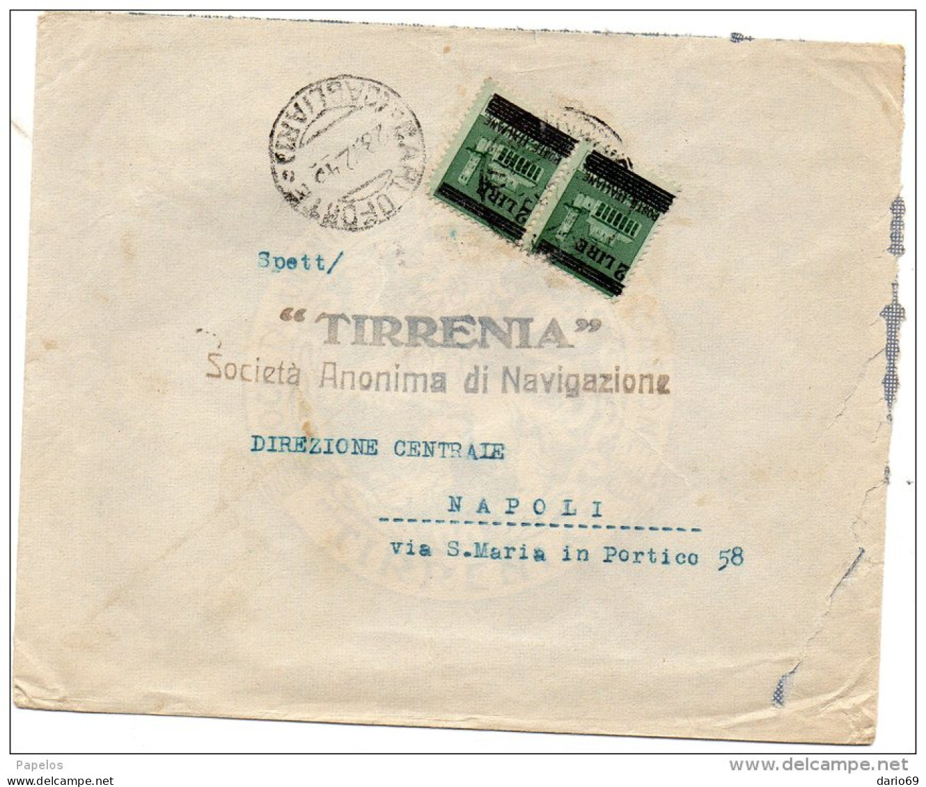 1945 LETTERA INTESTATA  TIRRENIA SOCIETÀ' ANONIMA DI NAVIGAZIONE CON ANNULLO CARLOFORTE CAGLIARI - Marcofilía