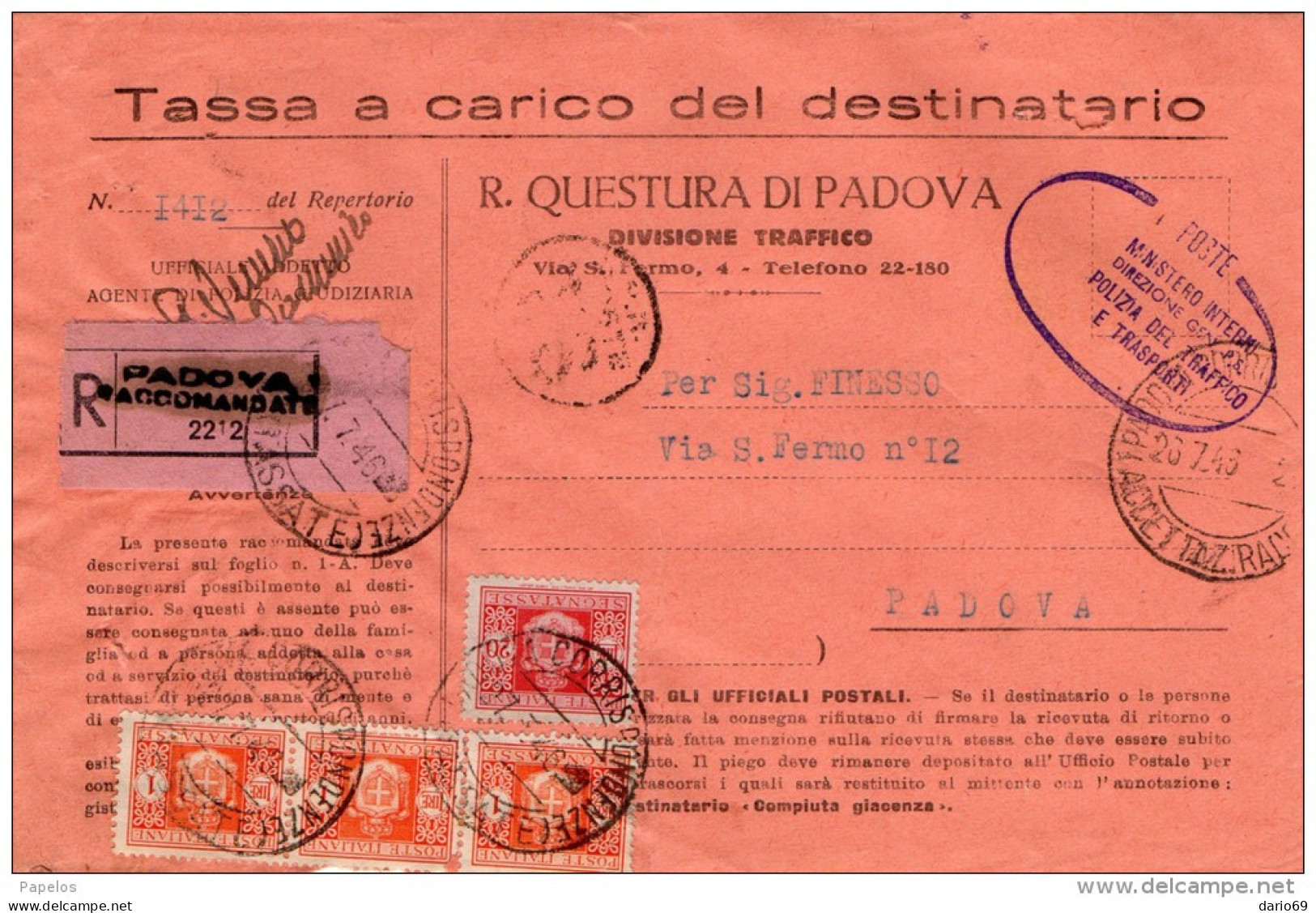 1946 LETTERA RACCOMANDATA  CON ANNULLO PADOVA - Impuestos