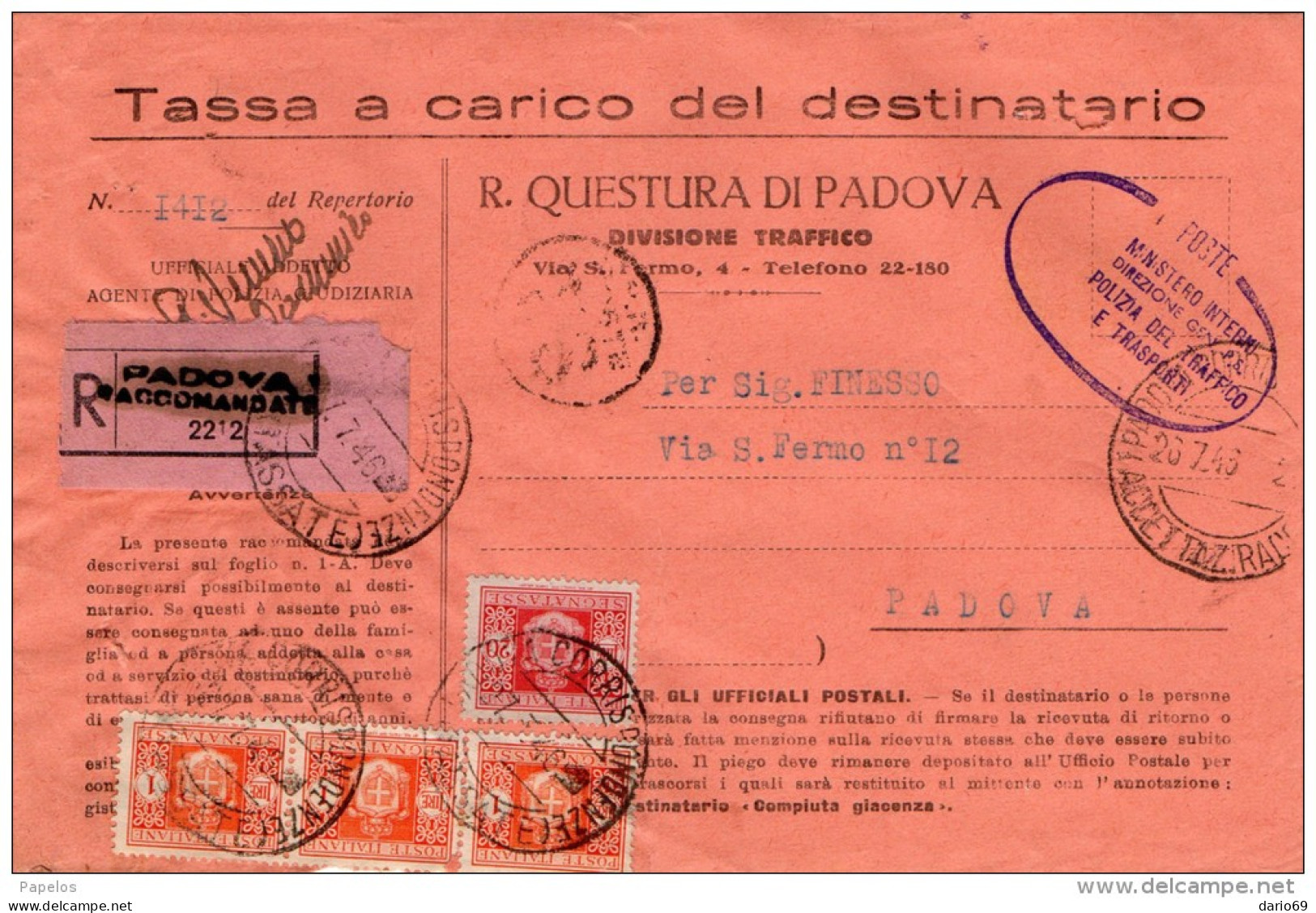 1946 LETTERA RACCOMANDATA  CON ANNULLO PADOVA - Portomarken