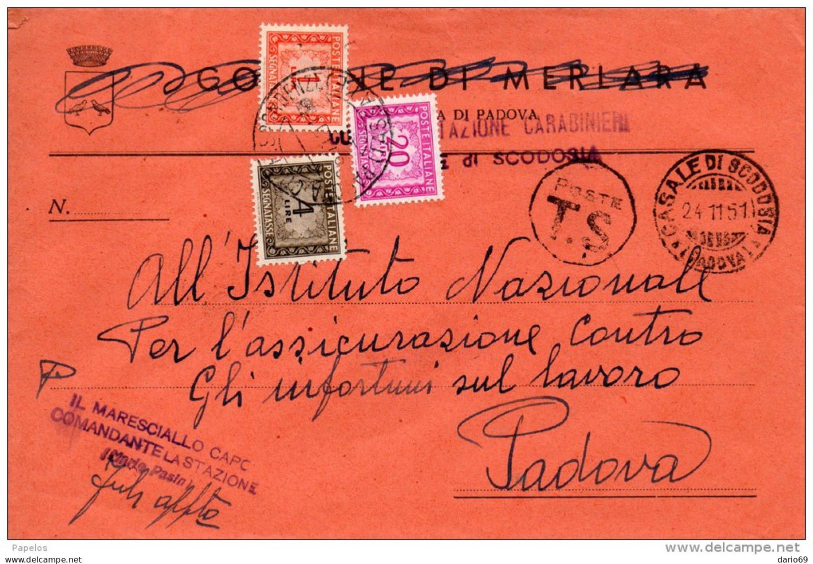 1951 LETTERA RACCOMANDATA  CON ANNULLO CASALE DI SCODOSIA  PADOVA - Impuestos