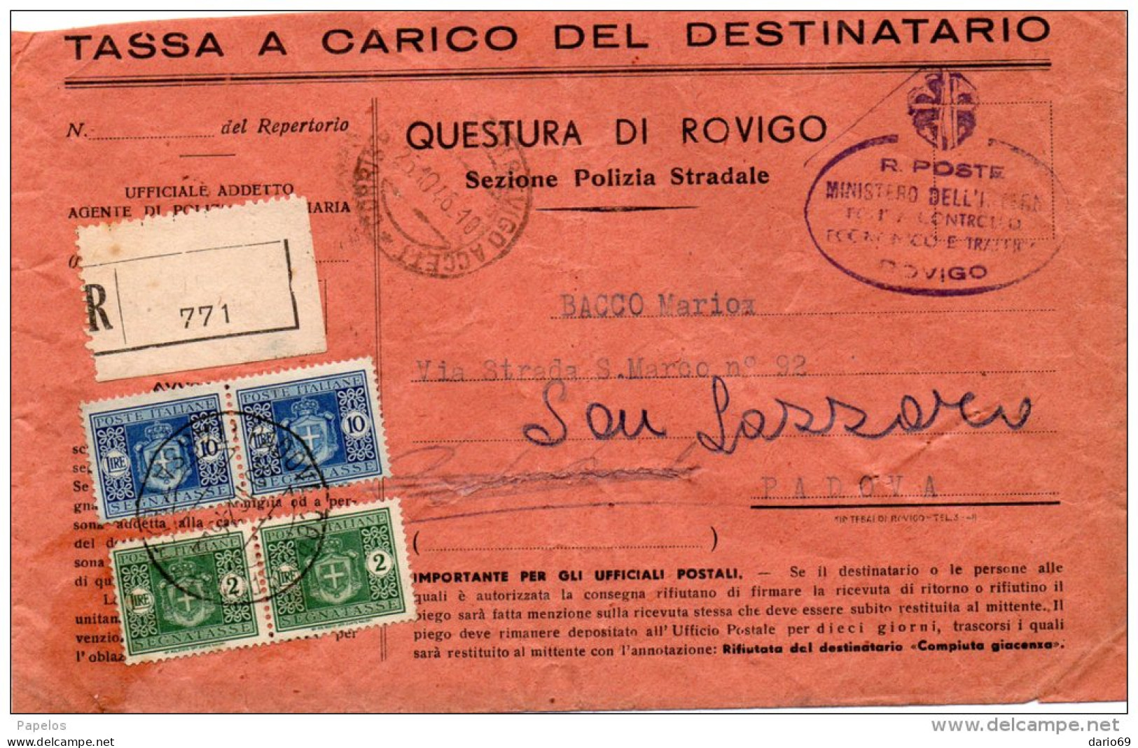 1946 LETTERA RACCOMANDATA  CON ANNULLO ROVIGO - Taxe