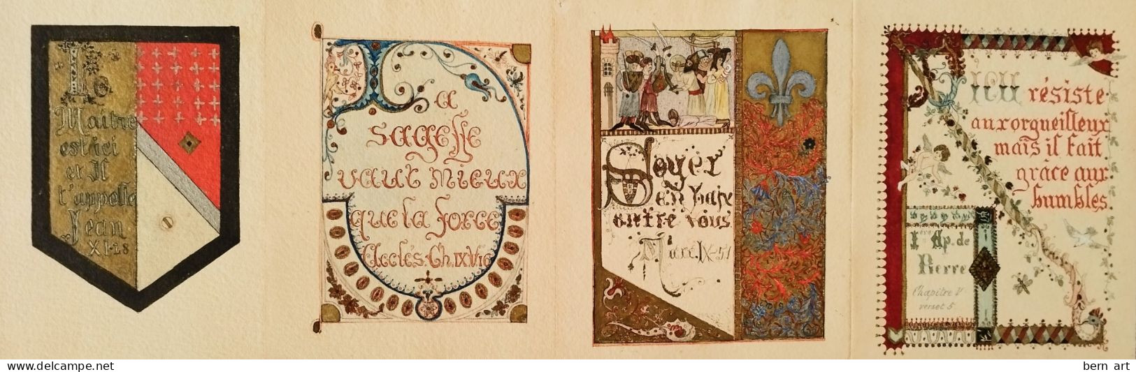 4 Enluminures Fin XIXè sur papier J. WHATMAN. Fond d'Atelier Artiste B.F. (Berthe Flournoy) vers 1900 (Genève)