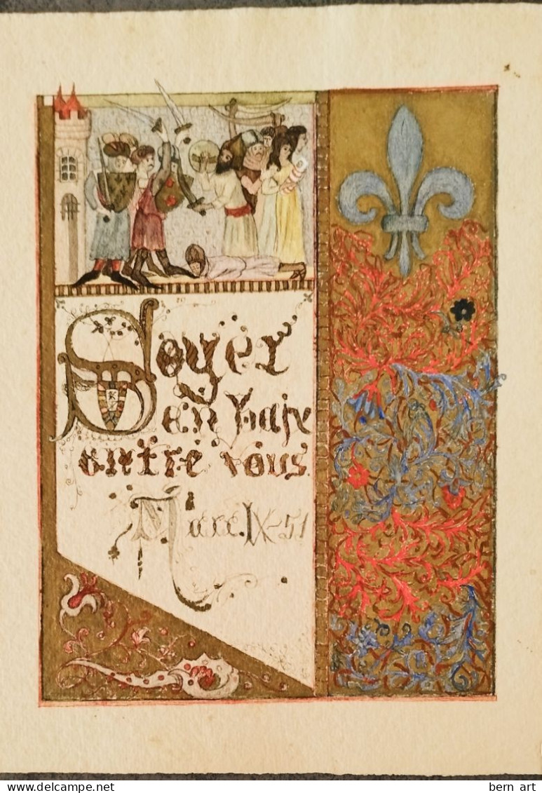 4 Enluminures Fin XIXè sur papier J. WHATMAN. Fond d'Atelier Artiste B.F. (Berthe Flournoy) vers 1900 (Genève)