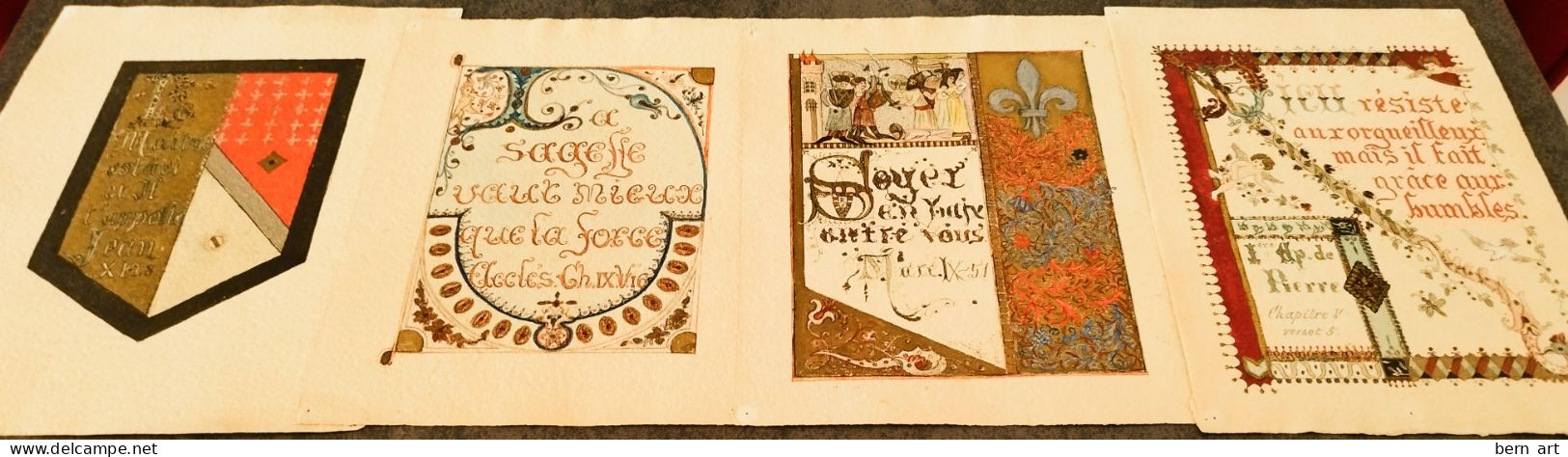 4 Enluminures Fin XIXè sur papier J. WHATMAN. Fond d'Atelier Artiste B.F. (Berthe Flournoy) vers 1900 (Genève)