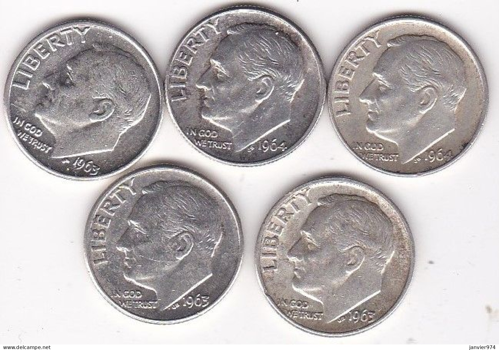 Etats-Unis.  Lot De 5 Pièces De Monnaie,  One Dime, Roosevelt, En Argent - 1946-...: Roosevelt