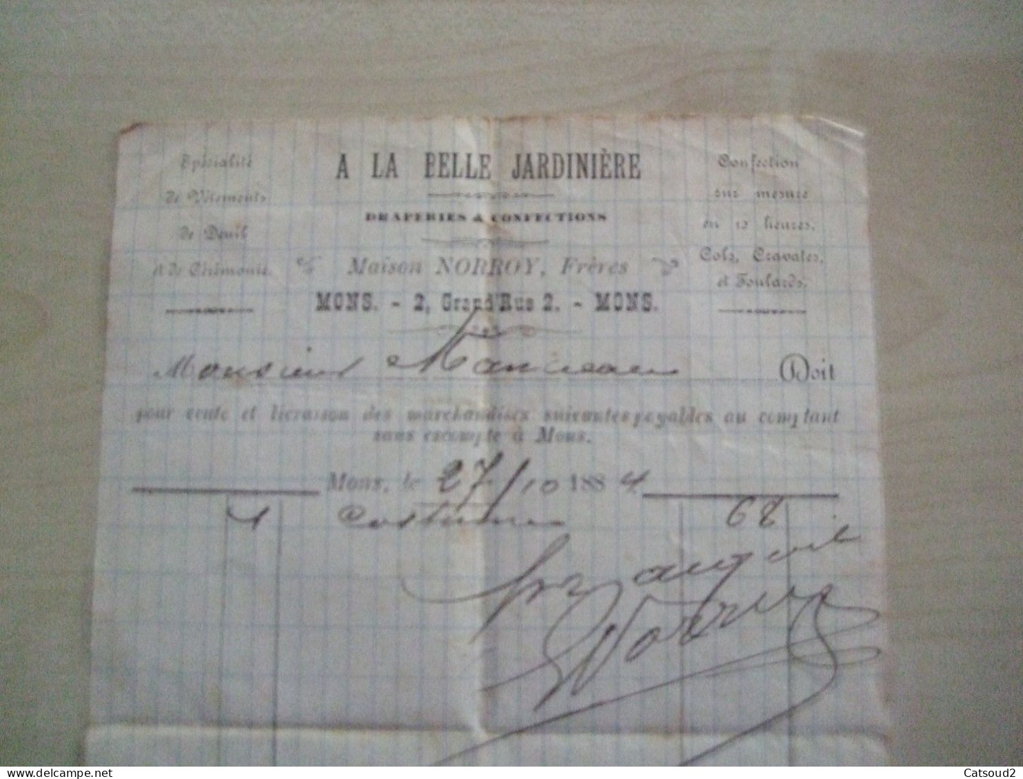 Rare Ancienne Facture 1884 A LA BELLE JARDINIER à Mons - 1800 – 1899
