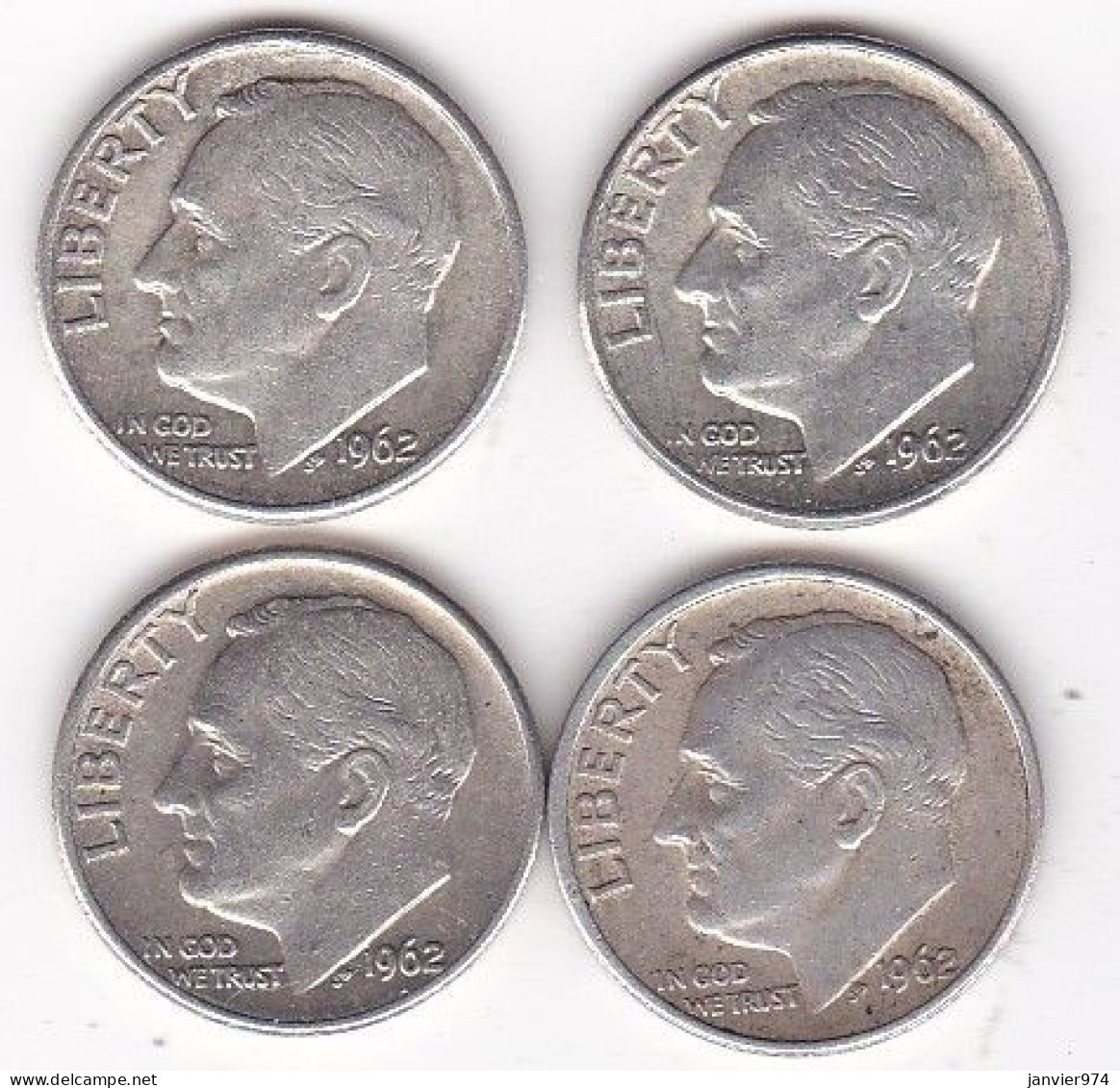 Etats-Unis.  Lot De 4 Pièces De Monnaie,  One Dime, Roosevelt, En Argent - 1946-...: Roosevelt