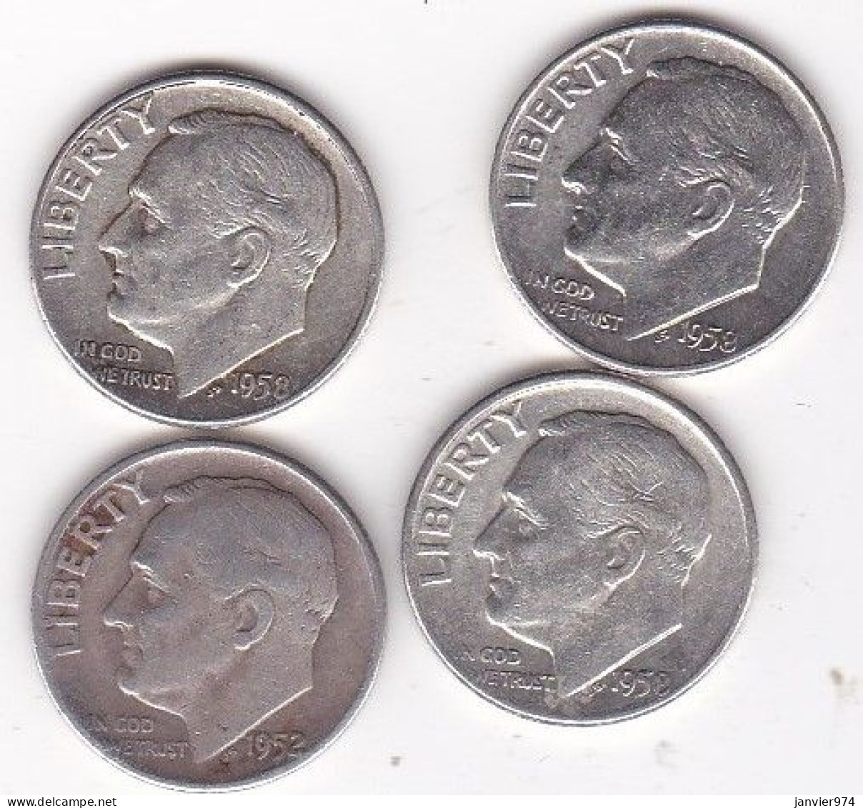 Etats-Unis.  Lot De 4 Pièces De Monnaie,  One Dime, Roosevelt, En Argent - 1946-...: Roosevelt