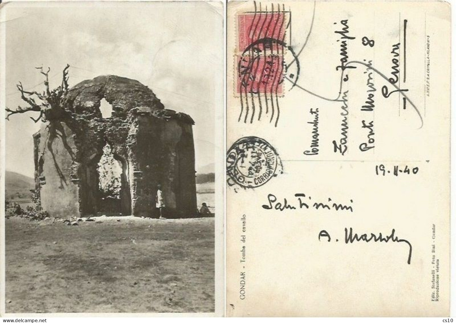 Ethiopia Italy Era Tomba Del Cavallo / Horse Grave In Gondar 19feb1940 - Eritrea Colonia C.75x2 To Genova - Ethiopië