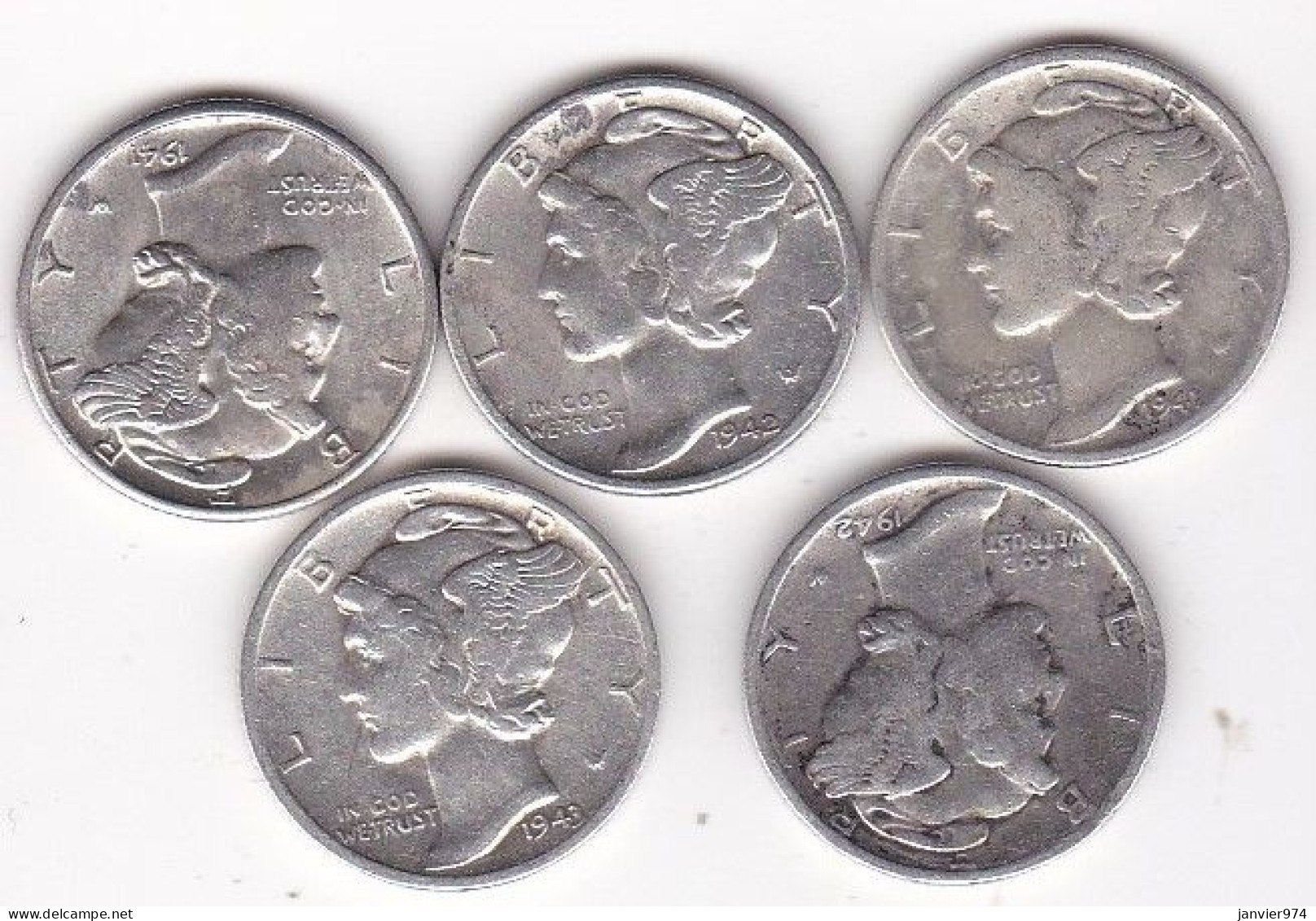 Etats-Unis.  Lot De 5 Pièces De Monnaie, Mercury, En Argent - 1916-1945: Mercury