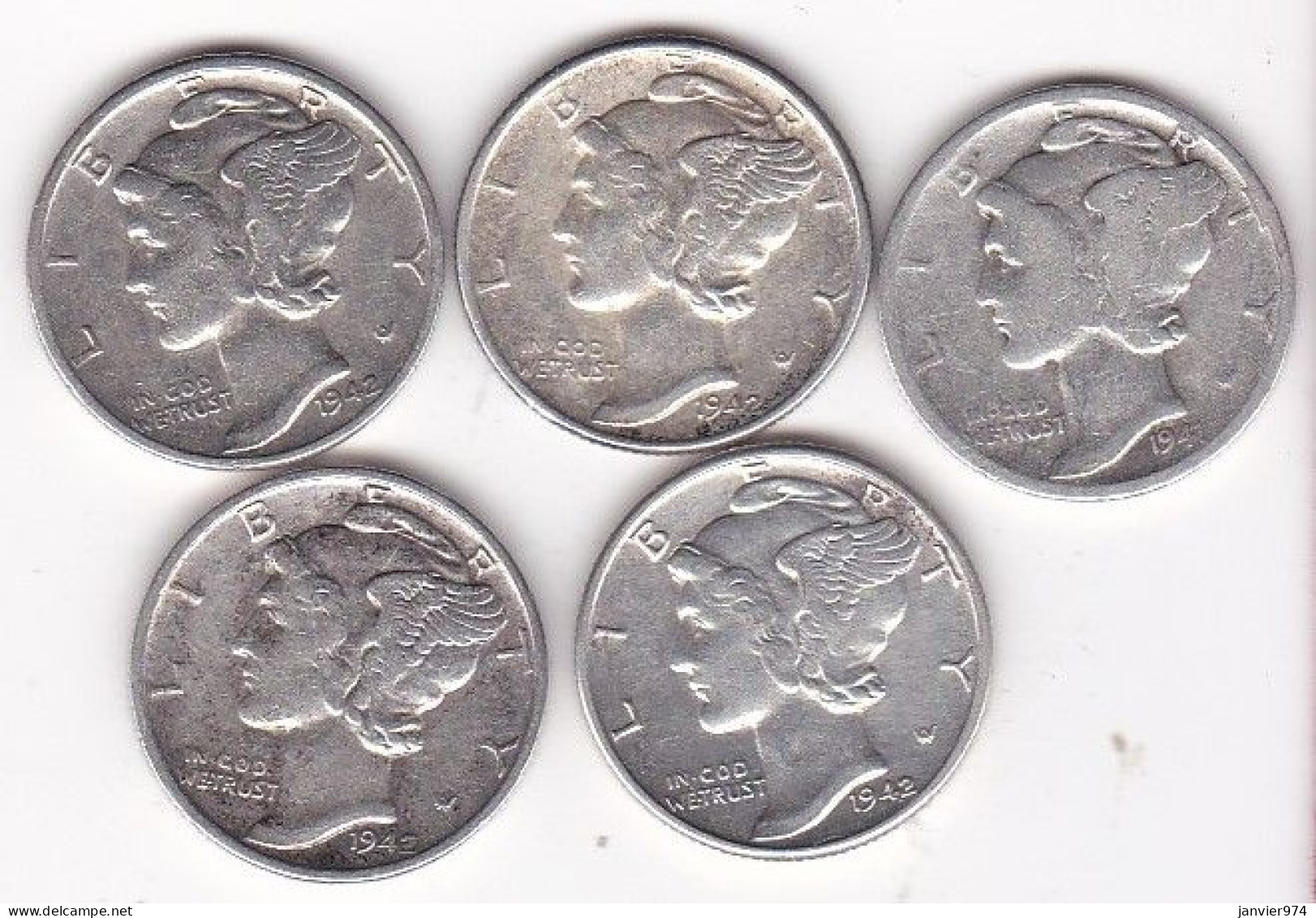 Etats-Unis.  Lot De 5 Pièces De Monnaie, Mercury, En Argent - 1916-1945: Mercury
