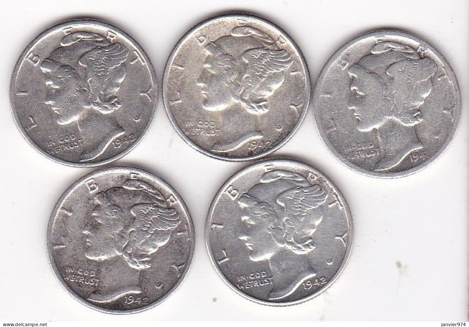 Etats-Unis.  Lot De 5 Pièces De Monnaie, Mercury, En Argent - 1916-1945: Mercury (Mercure)