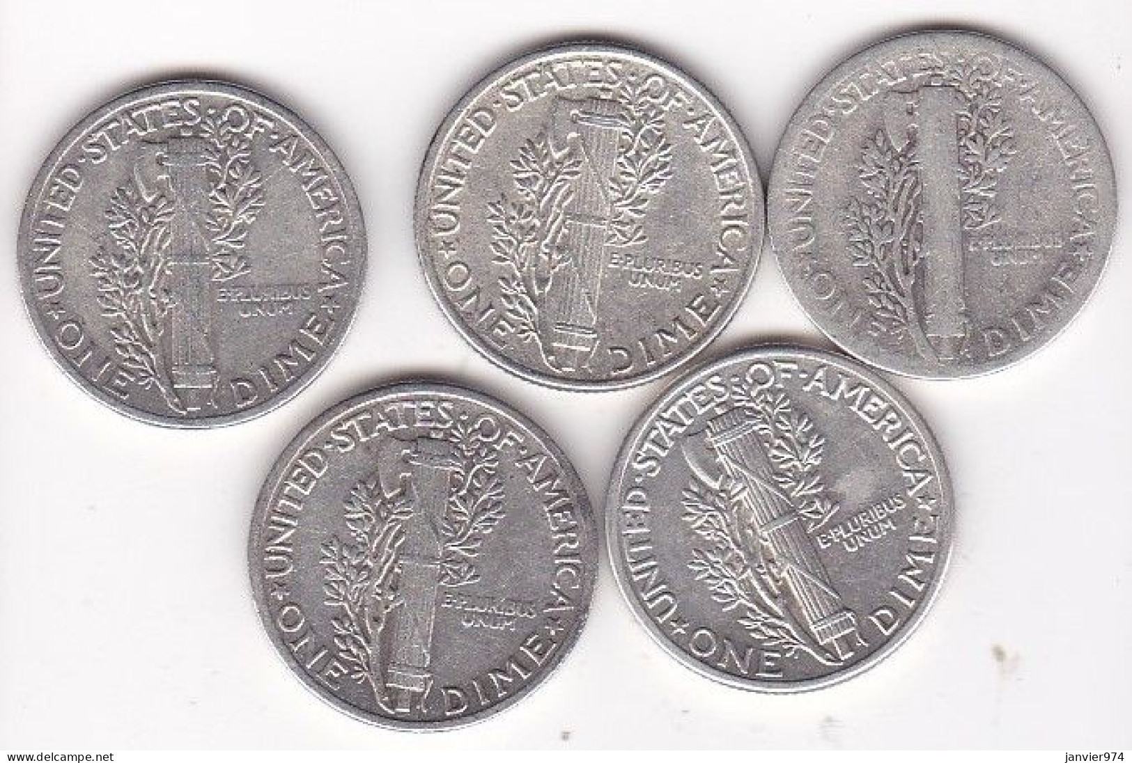 Etats-Unis.  Lot De 5 Pièces De Monnaie, Mercury, En Argent - 1916-1945: Mercury